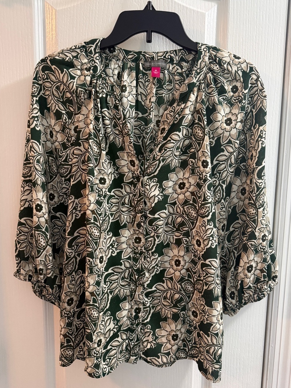 Vince Camuto Forest Green & Cream Floral Blouse
